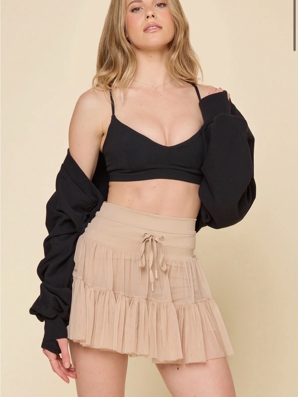 Popflex active - Beige Tiered Ruffle Mini Skirt with Tie Waist